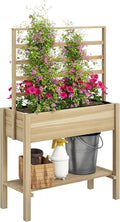 Outsunny Wooden Raised Garden Bed with Trellis, Elevated Planter Box with Storage Shelf, Drainage Holes and Liner, Outdoor Flower Box for Vegetables, Flowers, Herbs