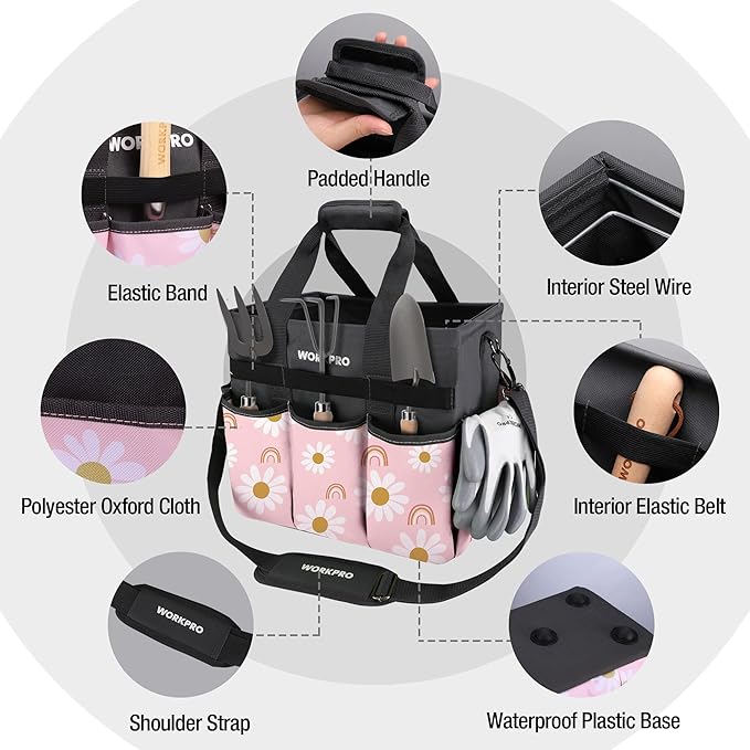 WORKPRO Garden Tool Bag Organizer, Heavy Duty Gardening Tote Bag, 10 Pockets with Adjustable Shoulder Strap, Standable Garden Home Tool Kits Organizer, Floral Pink (Tools are not Included)-Pink Ribbon