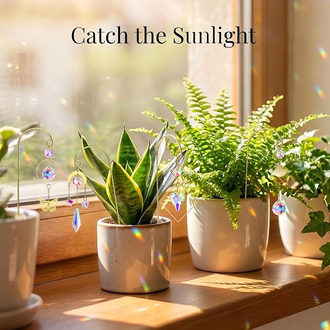 HDCRYSTALGIFTS 6 Pack Crystal Suncatcher, Garden Suncatchers with Gold Small Trellis for Potted Plants Indoor Plant Accessories Sun Catchers Trellis for Garden Home Window Decor