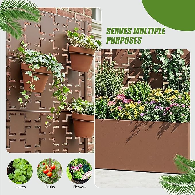 Casaphoria Metal Raised Garden Bed with Trellis, 59"x30"x12" Planter Box for Climbing Plants, Vegetables & Vines, Features Drainage Holes and Privacy Screen, Brown-Square