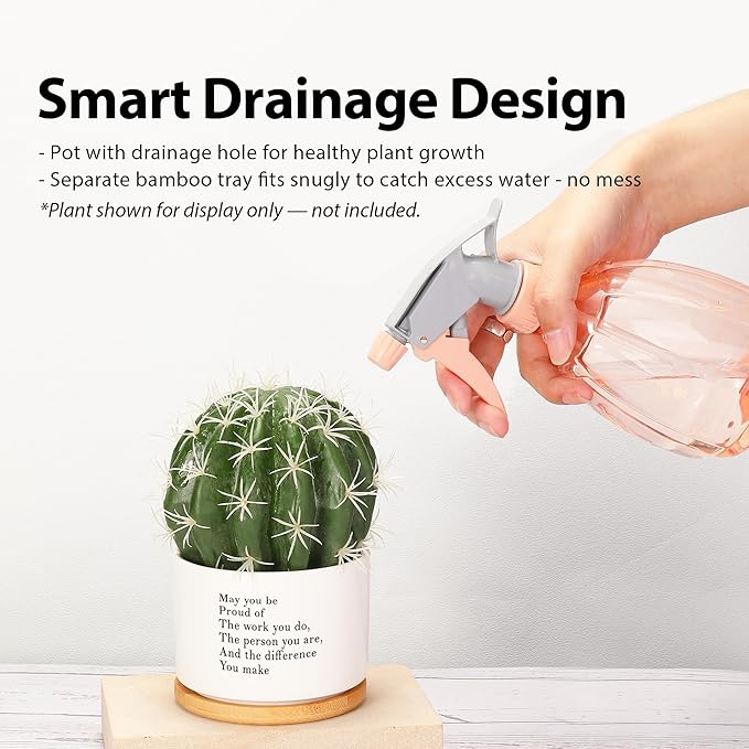 May You Be Proud of The Work You Do Inspirational Gift Ceramic Succulent Plant Pot with Tray Coworker Leaving Motivational Gifts Home Decor Plant Lover 3.5 Inch White (No Plants) (with Bamboo Tray)