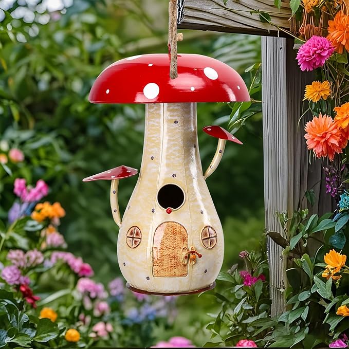 Yinns Metal Mushroom Bird House, Wild Bird House Outdoor, Decorative Birdhouse for Home Garden Decor, 13.8 Inch Big Bird Houses