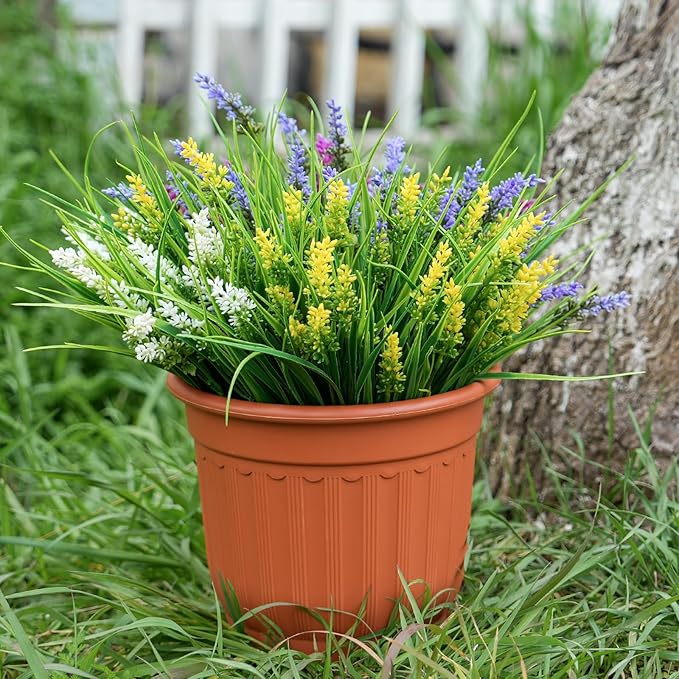 20 Bundles Artificial Plants Outdoor, UV Resistant Fake Flowers, Realistic Faux Lavender Shrubs for Porch Garden Window Box Home Decoration (White Yellow Lightpurple Rosy)