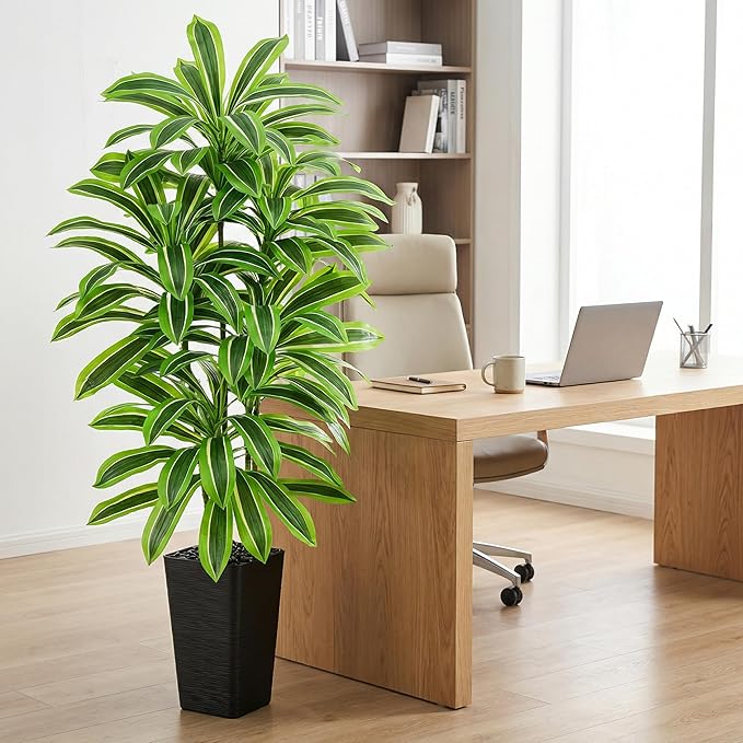 Artificial Dracaena Tree：6FT Faux Silk Tropical Yucca Floor Trees Realistic Fake Green Plant with Natural Wood Trunk & Lifelike Leaves for Home Office Decor Indoor & Outdoor (6FT,1-Pack,Black)