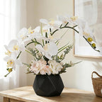 LESING Artificial Potted Orchid Flower for Table Centerpieces,Real Touch White Fake Orchid Flowers in Vase for Home Decoration (Style 2,Black Vase)