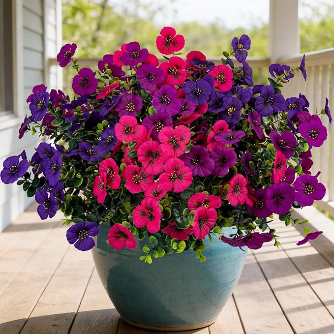 17 Inch Artificial Faux Pansy Flowers for Outdoor,Fake Pansies Flowers with Eucalyptus Leaves Fake Plants Greenery Boxwood Porch Patio Decor 6 Bundles(Dark Purple,Magenta,Dark Rose)
