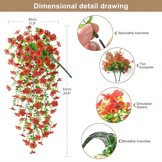 Artificial Hanging Flowers Plants for Outdoor Spring Summer Decoration, 2PCS Faux Silk Daisy UV Resistant Look Real for Outside Home Indoor Planter Porch Garden Yard Decor(Red)