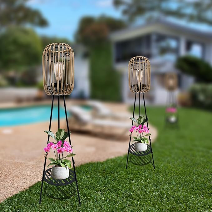 40.55'' Metal Outdoor Solar Floor Lamps with Waterproof Solar Rattan Lights Plant Stand Porch Lantern Decoration for Patio Deck Yard Garden Porch