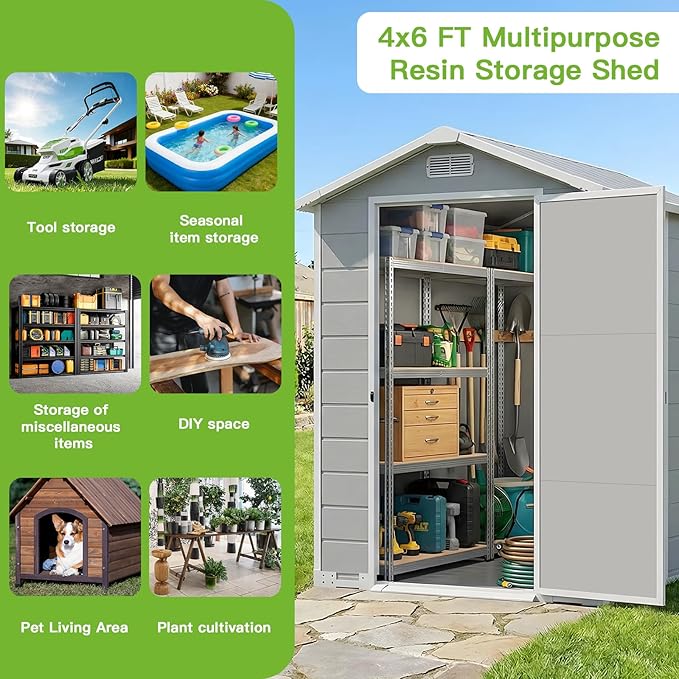 4x6 FT Outdoor Storage Shed with Floor & Window, All-Weather Resin Garden Tool Shed, Waterproof Plastic Garden Shed with Lockable Door, Vents & Roof Rainwater Drainage for Backyard, Garden, Poolside