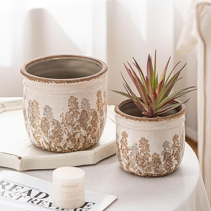 SURE YUESI for Mom from Daughter or Son, Set of 2 Ceramic Planters 4.7” & 5.7”, Vintage Brown Rustic Flower Pots Without Drainage Hole, Decorative Indoor Plant Pots for Home Decor, Living Room