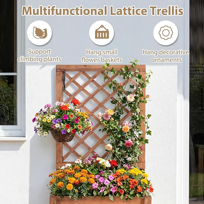 Giantex Raised Garden Bed with Trellis, 23”x14”x40” Wood Elevated Planter Box w/Drainage Hole for Climbing Vine Flower Herb Vegetable Fruit, Planting Container for Indoor Outdoor Patio Balcony