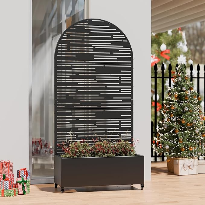 Casaphoria Metal Raised Garden Bed with Trellis and Wheels, 72"x35"x16" Arched Planter Box for Climbing Plants, Vegetables & Vines, Features Drainage Holes and Privacy Screen (Black-Shine)