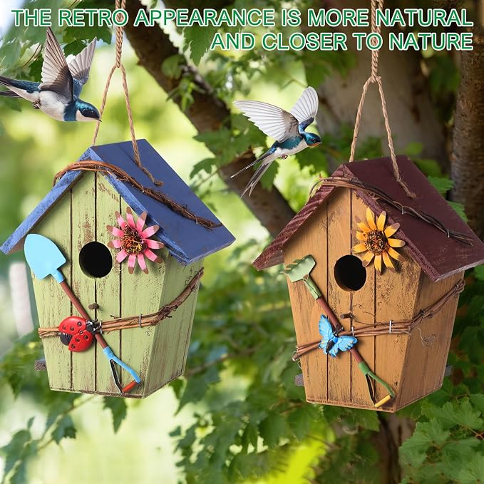 DoubleFill 2 Pcs Birdhouses for Outdoor Hanging Yard Outside Wooden Birdhouse Hand Painted Bird Box for Bird Lovers Bluebird Tree Garden Decor Decorative Birdhouse(Bright Color,Wooden Roof)