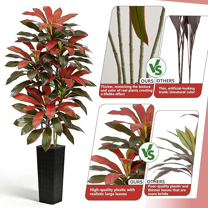 Artificial Red Dracaena Tree - 7FT Tall Fake Plants with Black Square Planter - Artificial Plants Indoor Floor Plant in Pot - Large Tropical Fake Yucca Potted Tree for Home Office Living Room Decor