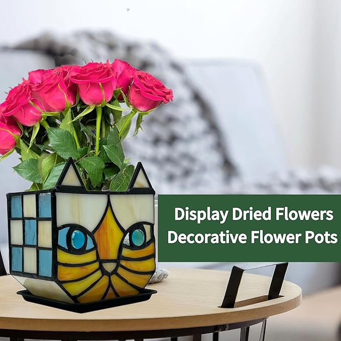 Tiffany Stained Glass Orange Cat Flower Pot,Handmade Cute Pots for Plants, Room and Office Decoration Glass Container Storage,Indoor Plant Pots with Drainage,Plant Gifts 4.6x3x5.15 in