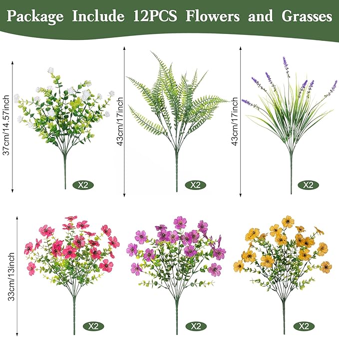ADXORA Artificial Fake Flowers for Outdoor Decoration 12 PCS Faux Silk Daisy Flowers for Outdoor Planters Fern Boxwood Monkey Grass UV Resistant for Outside Home Porch Patio Planter Decor