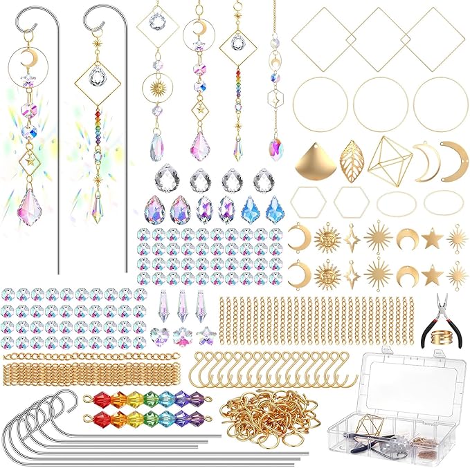 Rivvlive DIY Crystal Suncatcher Kit 400 Pcs Sun Catchers Making Supplies Kit with 3 Size Tall Trellis for Potted Plants Indoor Plant Stake Suncatcher Decoration for Indoor Windows Office Home Decor