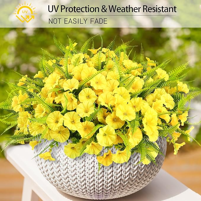 Artificial Flowers for Outdoors 12 Bundles Yellow Artificial Petunias Fake Flowers UV Resistant Shrubs Plants with Fern for Indoor Outside Hanging Planters Home Garden Spring Decorations