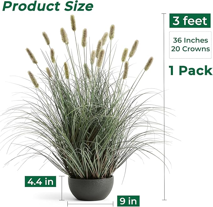 FloraFairy 3ft Onion Grass, Extra Lush Artificial Plant and Greenery, Fake Floor Plants Indoor Outdoor, Potted Faux Green Bristlegrass with Spikes, Horsetail Reed Grass, House Decorative
