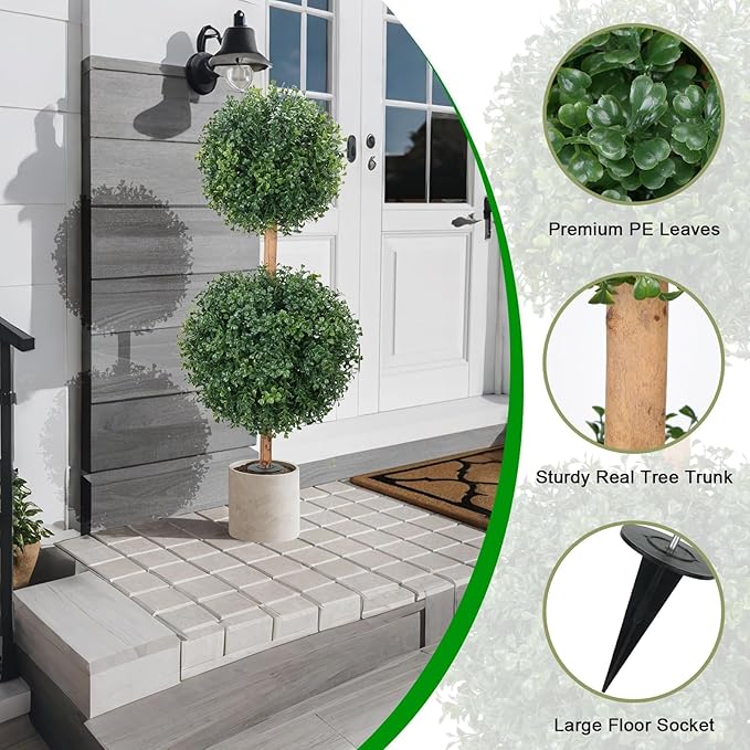 Zythrem 2.6FT Topiary Ball Trees Artificial Outdoor with Ground Spike Front Porch Double Boxwood Topiary Set of 2 Faux Outdoor Plants for Planters Patio Entrance Garden Indoor Home