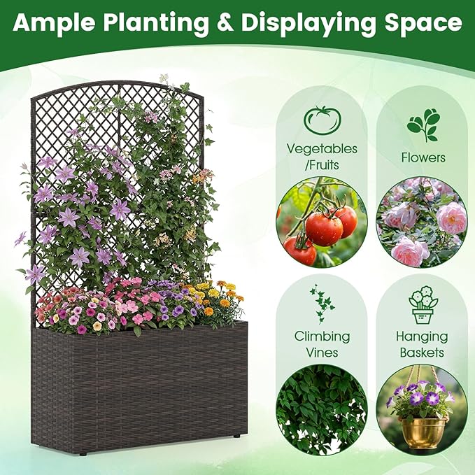 HAPPYGRILL Raised Garden Bed with Trellis, Wicker Planter Box w/Privacy Screen, Liner, Drainage, Outdoor PE Rattan Elevated Garden Bed for Climbing Plant Vine Flower (1, Brown, 29" x 11" x 49")
