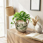 BUYMAX Ceramic Plant Pots for Indoor Plants with Drainage Hole, Vintage Crackle Glaze Hand-Painted Green Flower Planter with Handles, Rustic Decorative Hanging Planter