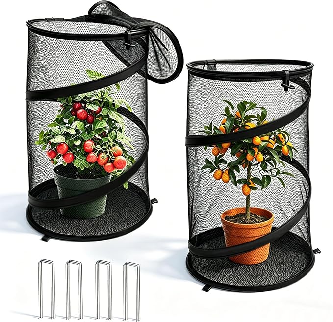 2 Pcs Pop Up Mesh Plant Protectors, 21 x 13 Foldable Garden Cover, Specifically Designed for Outdoor Vegetables, Seedlings & Flowers, Animal Barrier Cloches with Stakes (Black)