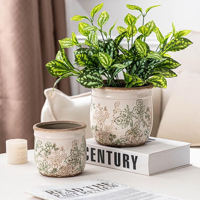 SURE YUESI for Mom from Daughter or Son, Set of 2 Ceramic Planters 4.7” & 5.7”, Vintage Indoor Plant Pots Without Drainage Hole, Pastoral Rustic Decorative Planters for Flowers & Home Decor