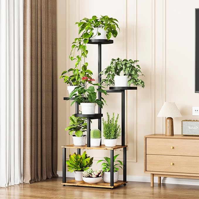 Plant Stand 6 Tier Indoor Metal Plant Shelf for Multiple Plants Corner Tall Flower Holders for Living Room Bedroom Patio Balcony, Black (6 Tier-Extra Large-Black+Rustic Brown)