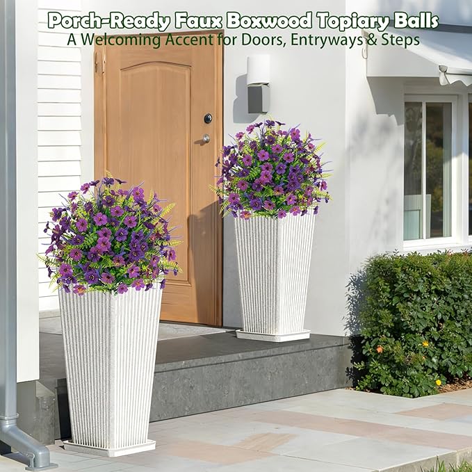 Artificial Lavender Topiary Ball Trees 2 Pack 24" with Stakes, UV Resistant Fake Outdoor Plants, Faux Boxwood Shrubs Bushes for Front Porch Planters Patio Garden Spring Decor