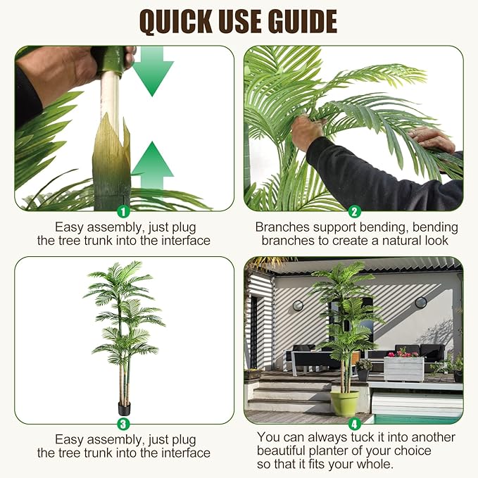 8.5ft Artificial Golden Cane Palm Tree - Large Triple Fake Palm Tree in Pot for Indoor/Outdoor, Patio, Pool, Big House, Office, Backyard, Home Decor - Green, Extra Tall