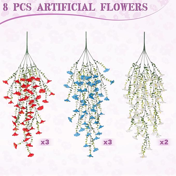 Artificial Hanging Petunias Flowers for Outdoor, 8pcs Fake Plants Long Vine Morning Glory Eucalyptus, UV Resistant Realistic Faux Greenery Outside Patio Porch Garden Spring Decor, Red Blue White