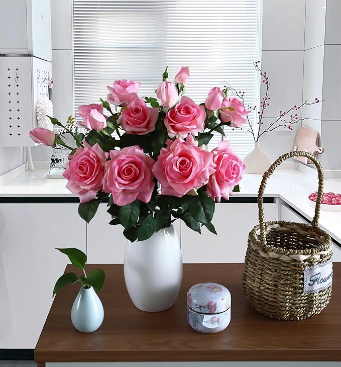 Pink Roses Artificial Flowers Indoor,Realistic Fake Flowers 5 Bouquets (15 Heads) for Living Room Decor,Real Touch Fake Plants for Bathroom Kitchen Office Wedding Table Shower Decor (No Vase)
