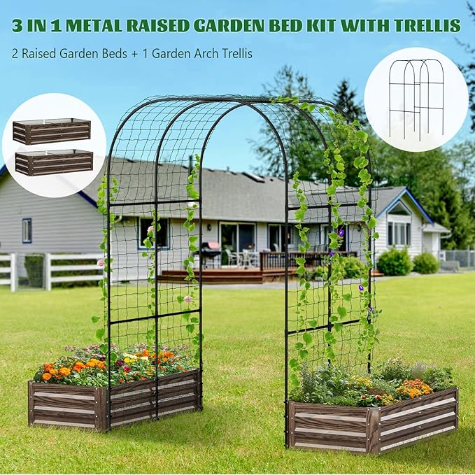 3 in 1 Galvanized Raised Garden Bed with 87" H Arch Trellis for Climbing Plants, Outdoor Gardening Planter Box with Climbing Net for Flower Vegetables Fruits Herbs, Wood Grain