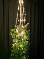 Comtelek Hanging Planter with Lights Indoor Macrame Plant Hanger Basket with Wood Beads Flower Pot Holder No Tassels for Boho Home Window Decor 35 Inch, Ivory (POTS NOT Included)