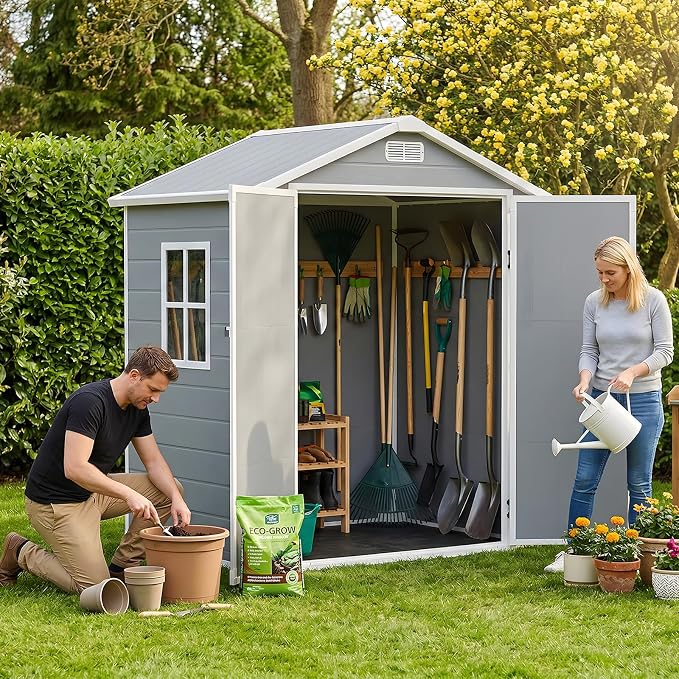 6x4 FT Outdoor Storage Shed with Floor & Window, All-Weather Resin Garden Tool Shed, Waterproof Plastic Garden Shed with Lockable Door, Vents & Roof Rainwater Drainage for Backyard, Garden, Poolside