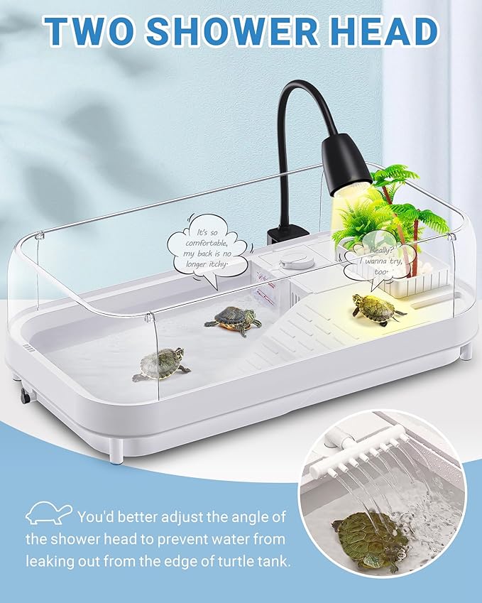 Moonorange Large Turtle Tank Kit (Tank+Lamp+Filter), Acrylic Turtle Tank Starter Kit with Heightened and Curved Fences, Bottom Drainage, Multi-Function Areas (Black Lamp)