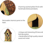 Glitzhome Birdhouse for Outdoor Hanging, 9.7" H Patio Garden Pet Cottage Distressed Decorative Birdhouse Wooden Bird House for Bluebird Wren Sparrow Finch Cardinal, Leaves Rustic Yellow