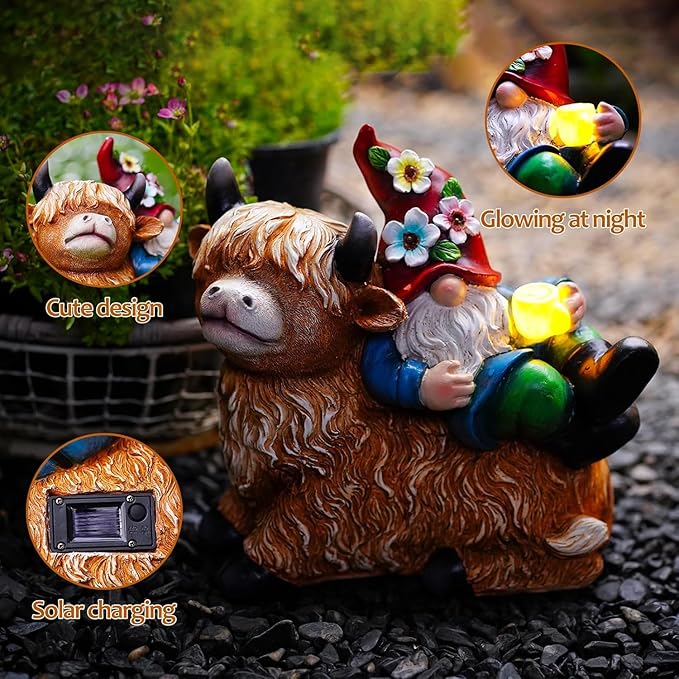Pohabery Garden Gnomes Decor Outdoor Statues Gnome on Highland Cow Hold Solar Cup Light Outdoor Decorations for Patio,Yard and Gift for Mom