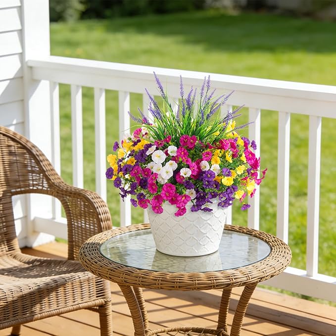 Artificial Flowers Fake Plants for Outdoors Decoration, 12 Bundles Silk Morning Glory with 2PCS Lavender Realistic UV Resistant Faux Spring Flowers for Outside Planter Yard Patio Garden Home Indoor