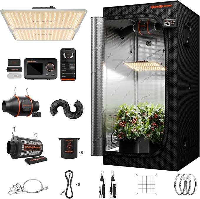 Spider Farmer 3x3 Complete Grow Tent Kit SF2000Pro 200W Full Spectrum Dimmable Grow Light 36" x 36" x 71" Growing Tent Set 4" Ventilation System with GGS Controller