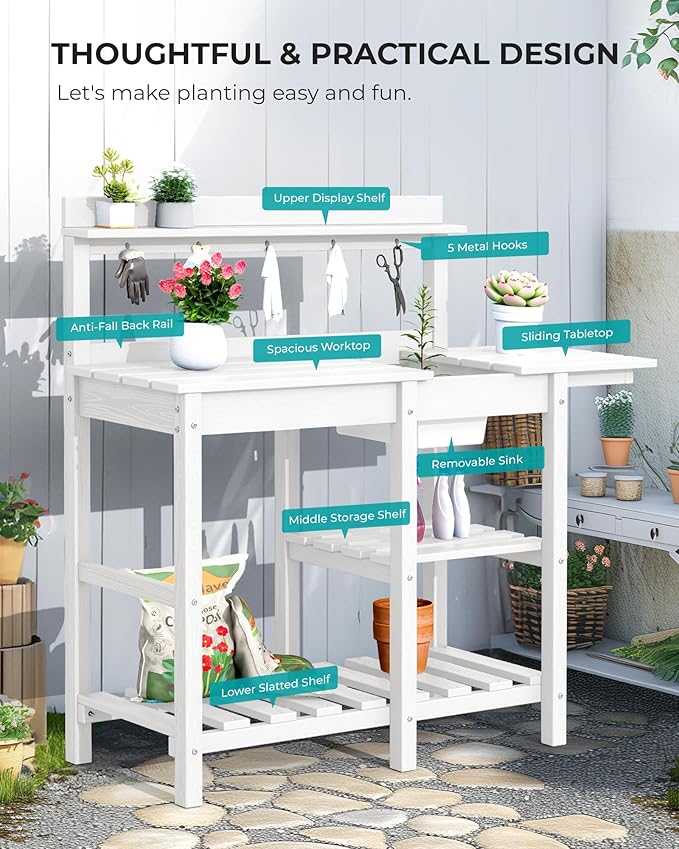 SERWALL Outdoor Potting Bench with Removeable Sink,Rot-Resistant HDPE Potting Table for Outside Gardening, All Weather Use - White