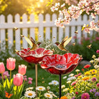Metal Flower Garden Stakes Bird Bath, Decorative Outdoor Bird Feeder for Garden Yard Art, Handmade Rustproof Metal Flower Stakes for Attracting Birds Backyard Lawn Patio Decorations (Red)