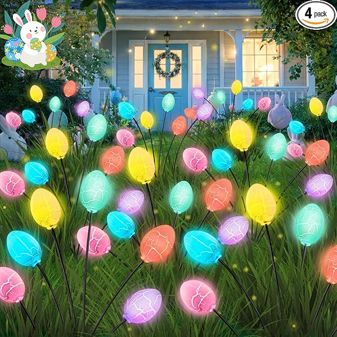 Upgraded 4 Pack Solar Easter Egg Lights Outdoor, Colorful Swaying Firefly Lights with 2 Lighting Modes, Waterproof Solar Pathway Lights for Spring Garden Lawn Yard Patio Porch Easter Decorations