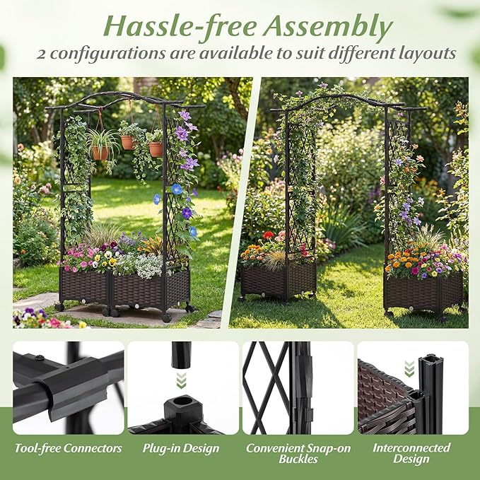 Giantex Planter Boxes with Arch Trellis, 5FT Self-Watering Tall Raised Garden Bed w/Wheels, Hanging Roof & Drainage Holes, Outdoor Indoor Tomato Planter for Climbing Vines Vegetables (60"x16"x58")