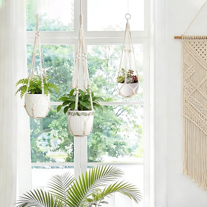 LEWESU 3 Pack Macrame Plant Hanger Indoor 3 Different Sizes Hanging Planter Basket Flower Pot Holder with Wood Beads & No Tassels for Boho Home Decor, 23, 30, 35 Inch, Ivory (Pot Not Included)