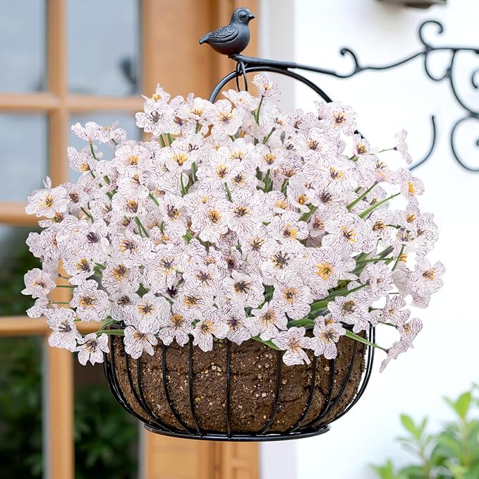 Bassion 24 Bundles Artificial Flowers for Outdoors Decoration, UV Resistant White Silk Fake Faux Flowers Artificial Plants for Outside Window Box Porch Garden Home Decor