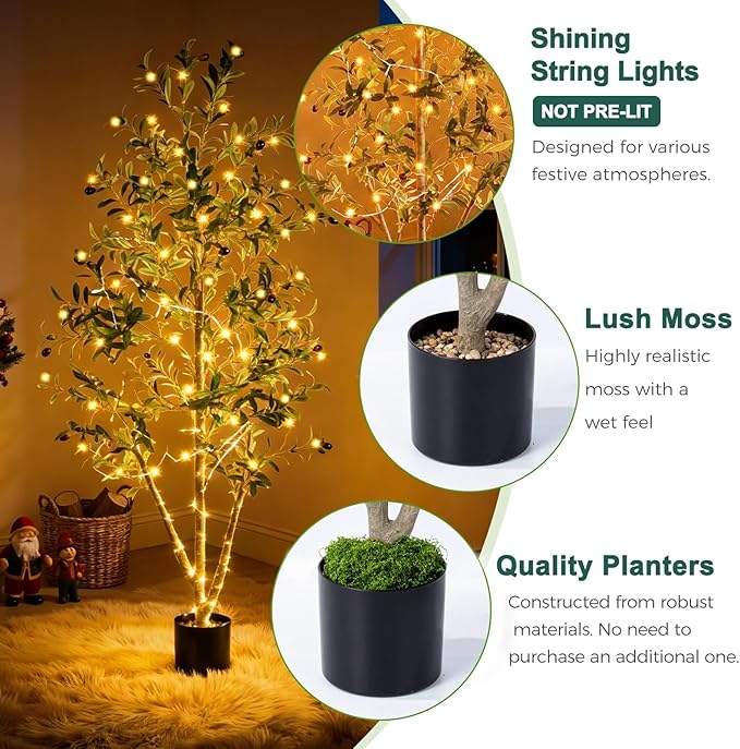Olive Trees Artificial Indoor, 5FT Tall Faux Olive Tree with Moss and Planter, Artificial Plants Indoor with Natural Wood Trunk and Lifelike Fruits, Fake Tree for Home Office Living Room Decor