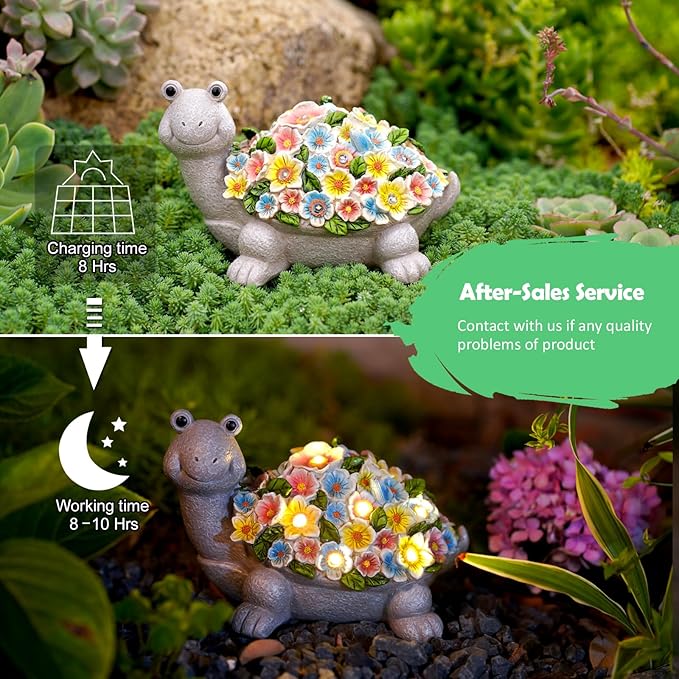 Nacome Solar Turtle Garden Statues: Weatherproof Durable Resin Sculptures with Flowers and Auto LED Lights - Outdoor Lawn Porch Patio Yard Art Decor for Mom Grandma Women