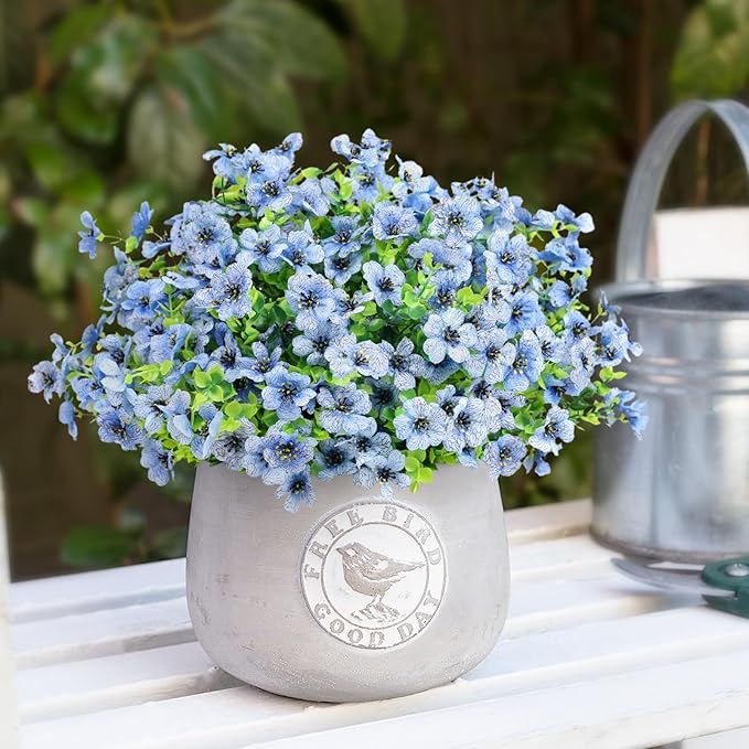 ATTGREAT Artificial Flowers Outdoor Faux Plants UV Resistant Fake Patio Flowers Plastic Greenery Plnats Outside Bulk for Spring Garden Hanging Planter Home Vase Decor, 12 Bundles (Blue)